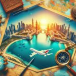 صورة لمناطق سياحية في دول الخليج مع وصورة لطائرة تطير في السماء